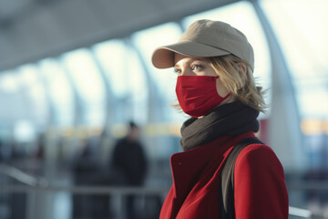 Obraz premium Woman Traveling at Airport with Face Mask - Generative AI
