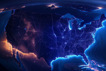 America at night viewed from space with city lights showing activity in United States. Technology, global communication, world. USA. Created with Generative AI technology - obrazy, fototapety, plakaty