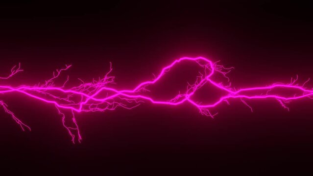 Pink lightning on black background 3D animation. Thunderstorm simulation.