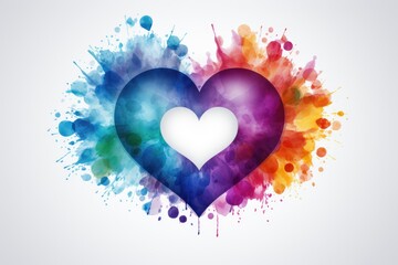 Watercolor heart frame inside is white with multi-colored splashes, drops and spots of paint, card