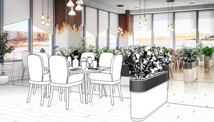 Draft of a Modern Outlook Restaurant in Natural Interior Design - 3D Visualization