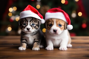 Gray kitten and red puppy in Santa Claus hats on the background of a Christmas tree, postcard