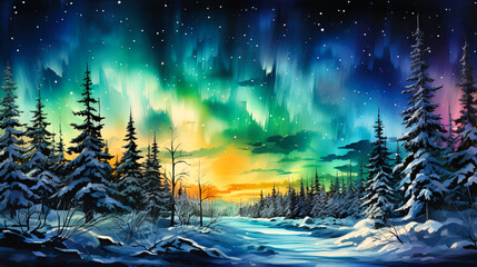 Snow-covered pine trees under Northern Lights
