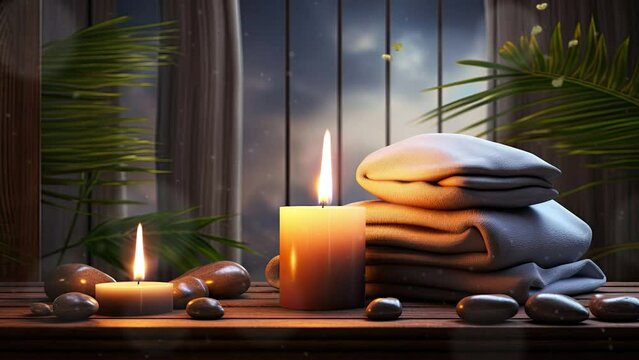 Meditation in spiritual zen scenery, aromatic candles on thermal water. Relaxing floating candles spa and wellness background. seamless looping time-lapse virtual video animation background.