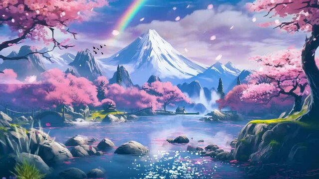 Anime video background beautiful with rainbow, lake, mountain, flower, butterfly, and sakura in cartoon japanese style