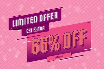 66 sixty-six Percent off super sale shopping halftone pink banner. hot sale sale