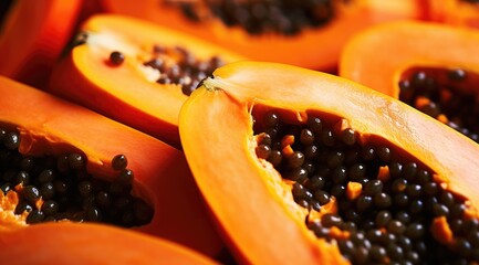 Papaya, halves of fresh juicy orange tropical fruit. - obrazy, fototapety, plakaty