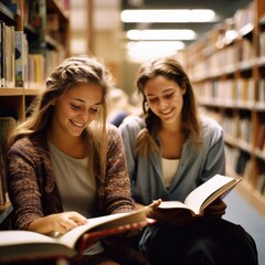 University students reading books in library for research.