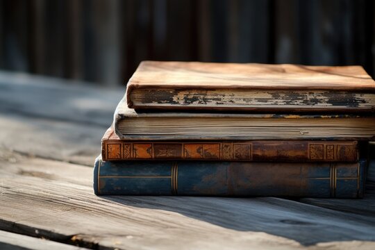Old books on a wooden table. The concept of education
