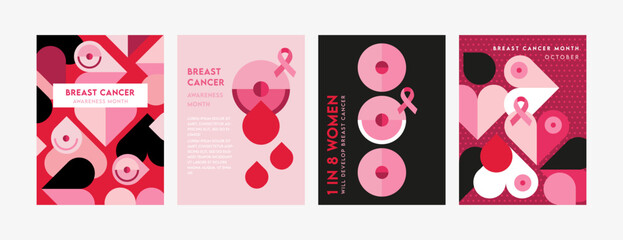 posters set for October Breast Cancer awareness month in geometric style. Creative designs with pink ribbon, pink woman and patterns. Vector illustrations.