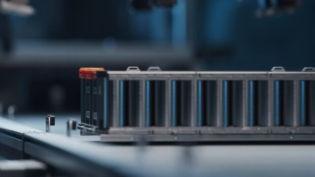 Close-up of Automotive Battery Module On Automated Production Line with Robot Arms. Electric Car Battery Pack Manufacturing Process. Advanced and Modern Factory