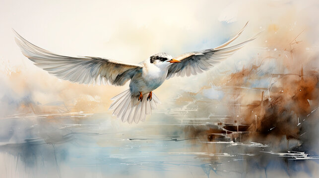 Watercolor of a Juvenile Forsters Tern in Flight