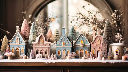 Snow-covered village miniatures on a mantelpiece