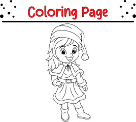 Christmas cartoon little girl wearing Santa costume coloring page. Christmas Vector black and white winter coloring book.