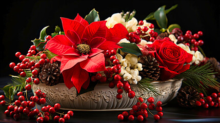 Poinsettia centerpieces with frosted pine needles