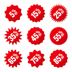 Price tags collection, special offer or shopping discount label with percent, discount percentage value. Red turned retail paper sticker. Promotional sale badge. Vector illustration