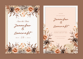 Obraz na płótnie Canvas Brown white and beige modern wedding invitation template with flora and flower