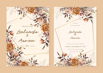 Fototapeta premium Brown white and beige modern wedding invitation template with flora and flower