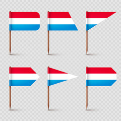 Luxembourgish toothpick flags. Souvenir from Luxembourg. Wooden toothpicks with paper flag. Location mark, map pointer. Blank mockup for advertising and promotions. Vector illustration