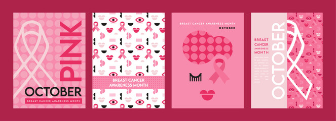 posters set for October Breast Cancer awareness month. Creative designs with pink ribbon, pink woman and patterns. Vector illustrations. - 645982631