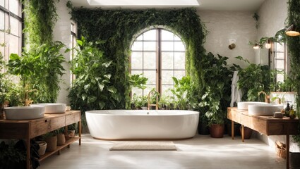 Modern comfortable bathroom Bathroom interior decorated with green plants.