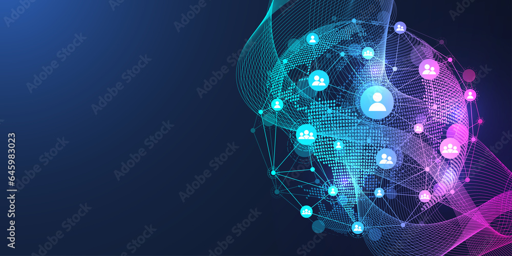 Poster Global network connection concept. Big data visualization. Social network communication in the global computer networks. Internet technology. Business. Science. Illustration