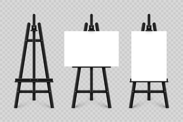 Realistic paint desk with blank white canvas. Black wooden easel and a sheet of drawing paper. Presentation board on a tripod. Artwork mockup, template. Vector illustration