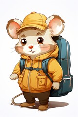 Mouse traveler with a hat, in a coat with a backpack