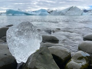 Frozen lake withs icebergs
