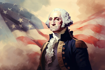 George Washington Illustration with American Flag - Founding Father, Revolution, USA - Generative AI
