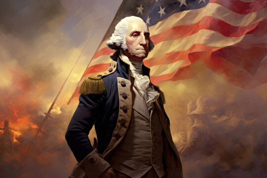 George Washington Illustration with American Flag - Founding Father, Revolution, USA - Generative AI