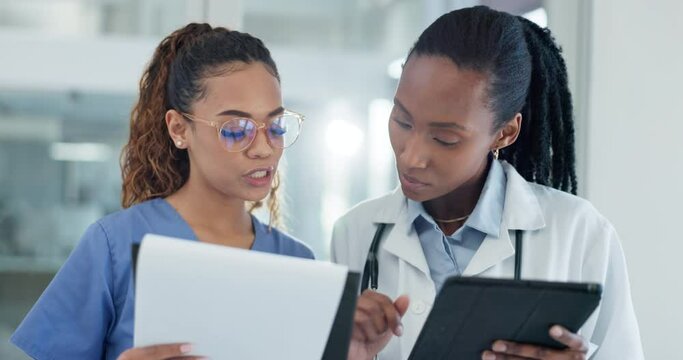 Doctors, team documents and tablet for medical charts, hospital schedule and planning admin for workflow. Healthcare nurse and women on digital tech, checklist or folder for clinic or data comparison