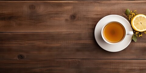 Morning bliss. Enjoying hot lemon juice in cup in rustic Setting on wooden table on vintage background top view