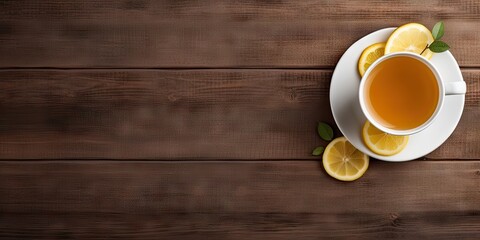 Fototapeta na wymiar Morning bliss. Enjoying hot lemon juice in cup in rustic Setting on wooden table on vintage background top view