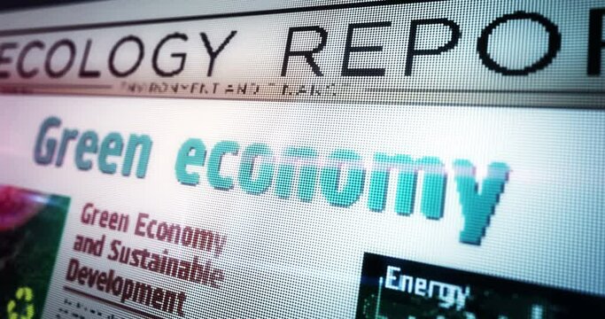 Green economy bio circular and eco friendly economy daily newspaper reading on mobile tablet computer screen. Man touch screen with headlines news abstract concept 3d.