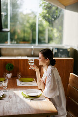 Attractive glass caucasian young beauty adult lifestyle drinking female lady sitting person women