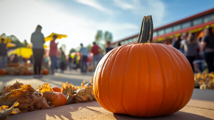 Close-up ripe fresh orange pumpkin at a festive fair in honor of Halloween and Thanksgiving. Seasonal autumn holiday decorations at the agriculture market. Harvesting season concept