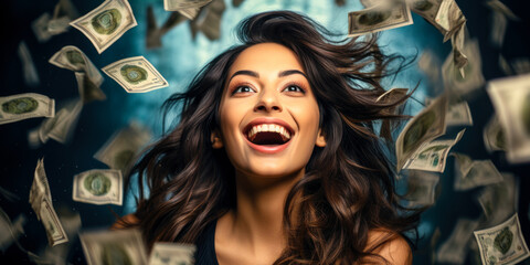 Fototapeta premium Fortune's Favor: Jubilant Indian Woman Amongst Cascading Cash