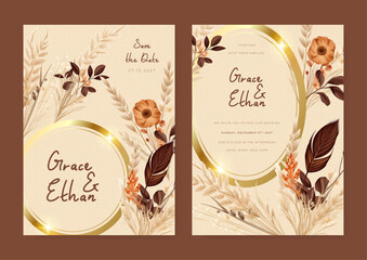 Obraz na płótnie Canvas Brown and beige modern wedding invitation template with flora and flower