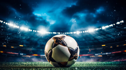 Stadium Spotlight: Close-Up of Soccer Ball Illuminated at Center Field
