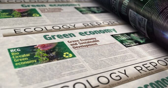 Green economy bio circular and eco friendly economy daily news newspaper roll printing. Abstract concept retro headlines 3d seamless looped.