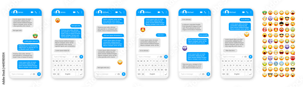 Wall mural smartphone messaging app, user interface design with emoji. sms text frame. chat screen with blue me