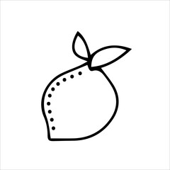 Lemon icon with leaves. Vector black and white hand-drawn illustration. Silhouette, icon, logo, sketch, template, doodles.