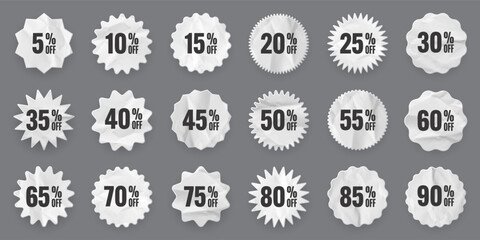 Crumpled paper price tags. Special offer or shopping discount label with percent, discount percentage value. Retail sticker with cardboard texture. Promotional sale badge. Vector illustration