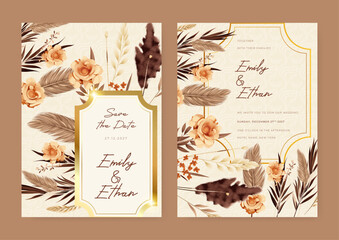 Brown and beige modern wedding invitation template with flora and flower
