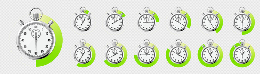 Realistic classic stopwatch. Shiny metal chronometer, time counter with dial. Green countdown timer showing minutes and seconds. Time measurement for sport, start and finish. Vector illustration