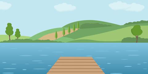 Molo di legno vuoto sul lago. Paesaggio estivo panoramico. Scenario rurale con lago, verdi colline e montagne. - illustrazioni - obrazy, fototapety, plakaty