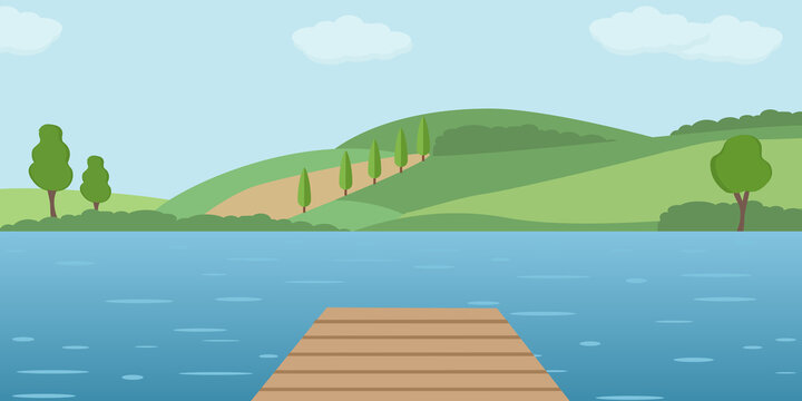 Molo di legno vuoto sul lago. Paesaggio estivo panoramico. Scenario rurale con lago, verdi colline e montagne. - illustrazioni