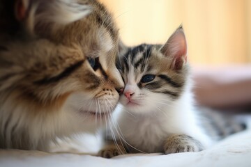 grey and white  fluffy cat with a cute kitten inside