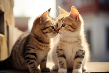 Naklejka na ściany i meble two cute little kittens sitting together outside